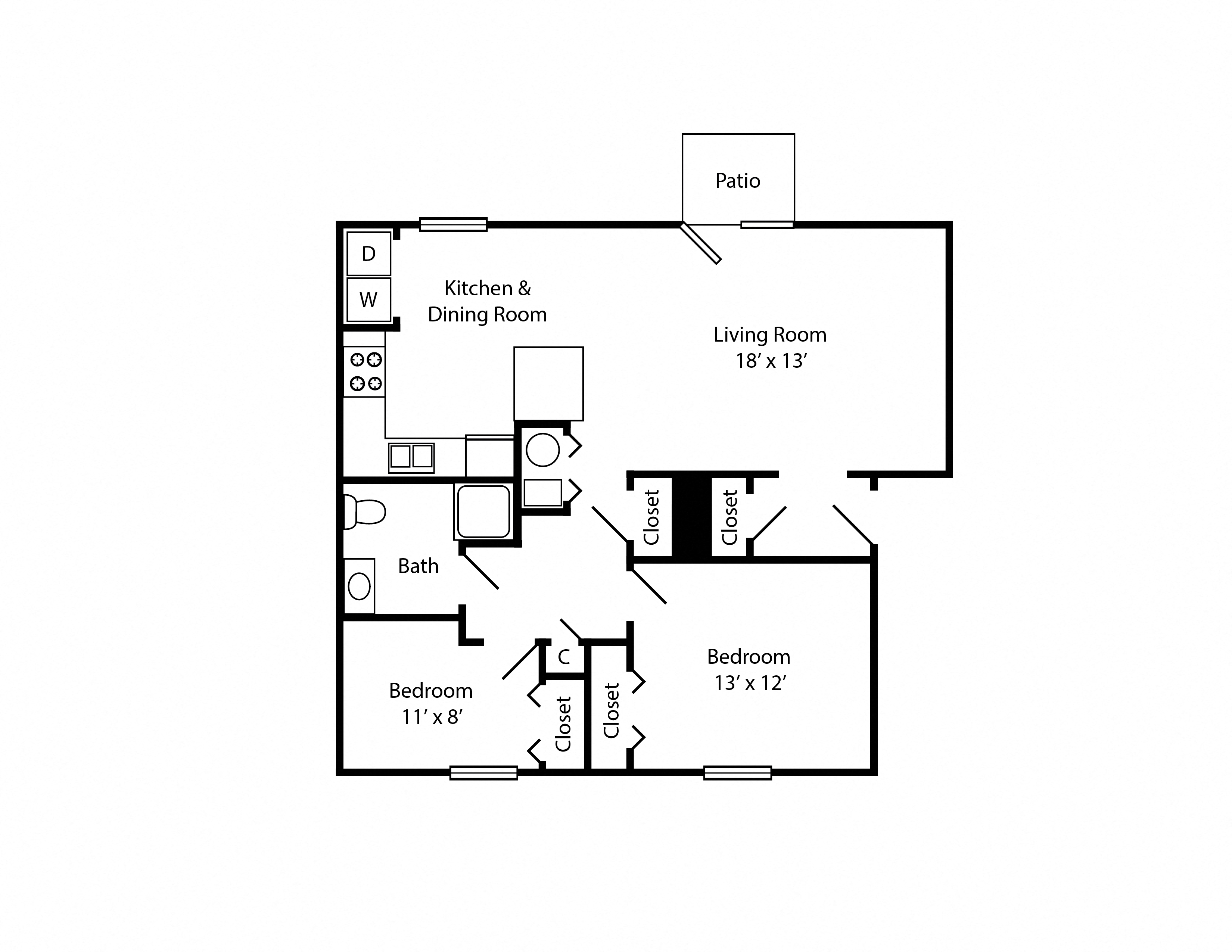 Floor plan for 2 beds, 1 bath, 926 sqft